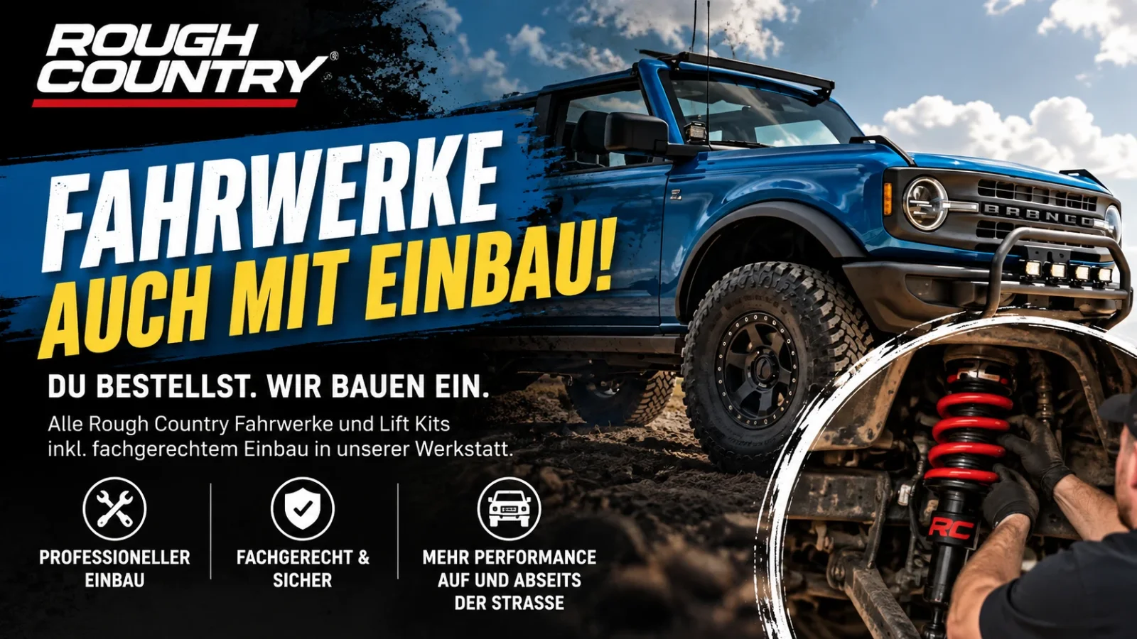 Rough Country suspension kits including installation: you order, we fit. All suspension and lift kits with professional installation in our workshop.